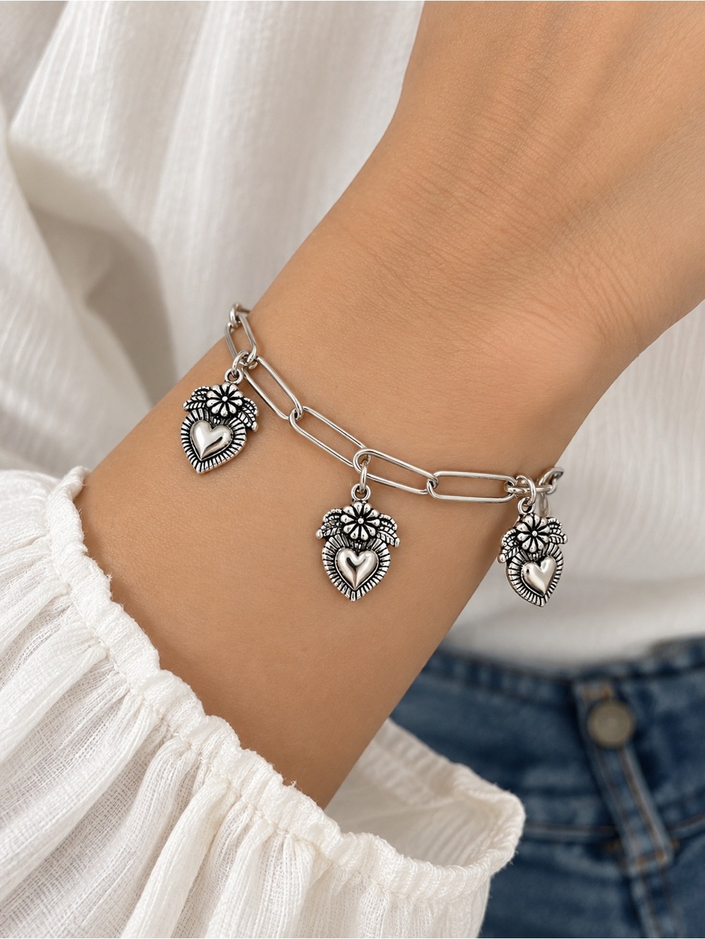Sterling Silver Heart Floral Charm Chain Bracelet - Women's Jewelry
